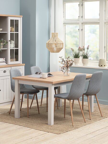 Table MARKSKEL L150/193 gris + 4 chaises JONSTRUP bleu clair