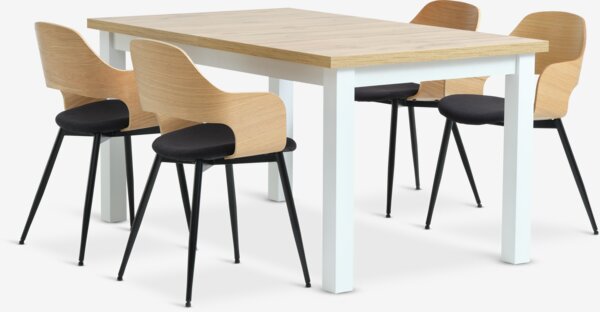 MARKSKEL L150/193 tafel + 4 HVIDOVRE stoelen eiken/zwart