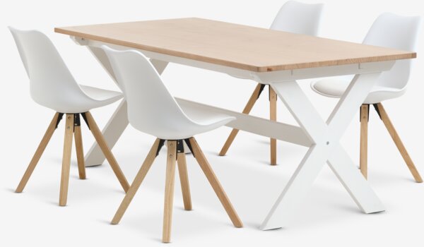 Table VISLINGE L190 naturel + 4 chaises BLOKHUS blanc