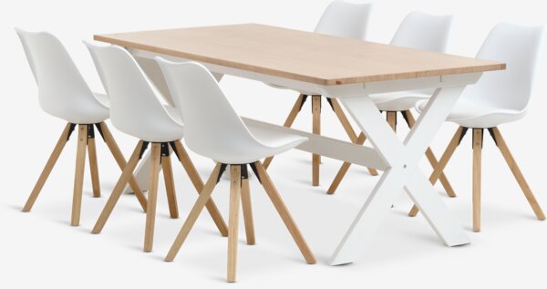 Table VISLINGE L190 naturel + 4 chaises BLOKHUS blanc