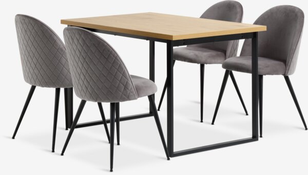 AABENRAA L120 table oak + 4 KOKKEDAL chairs grey velvet