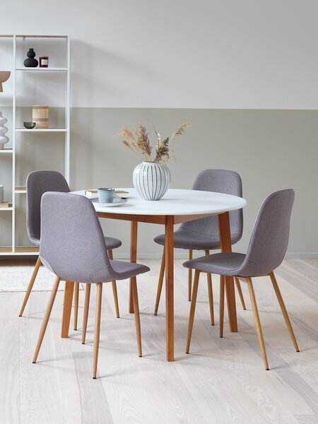 JEGIND Ø105 bord vit + 4 JONSTRUP stol grå