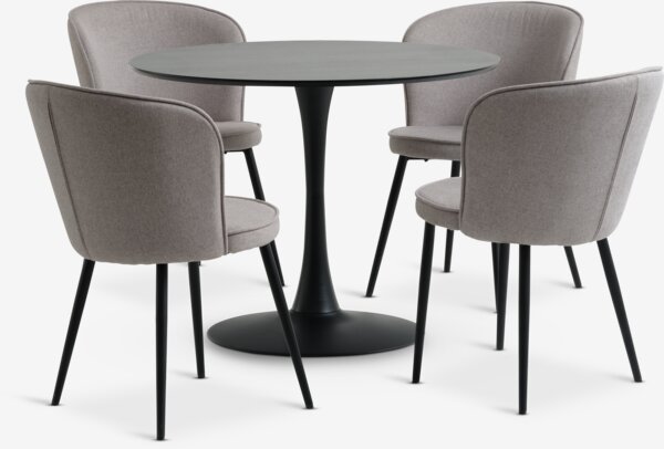 RINGSTED D100 table black + 4 RISSKOV chairs light grey