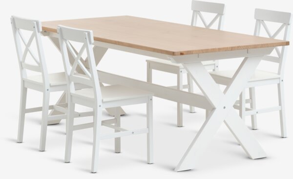 Table VISLINGE L190 naturel + 4 chaises EJBY blanc