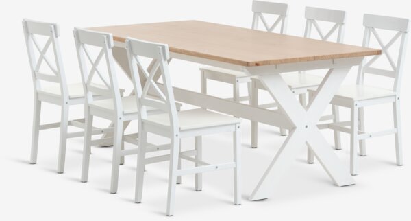 Table VISLINGE L190 naturel + 4 chaises EJBY blanc