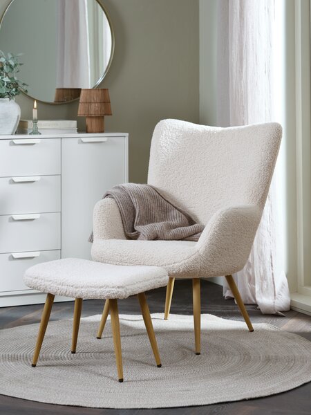 Footstool HUNDESTED off-white teddy/oak colour