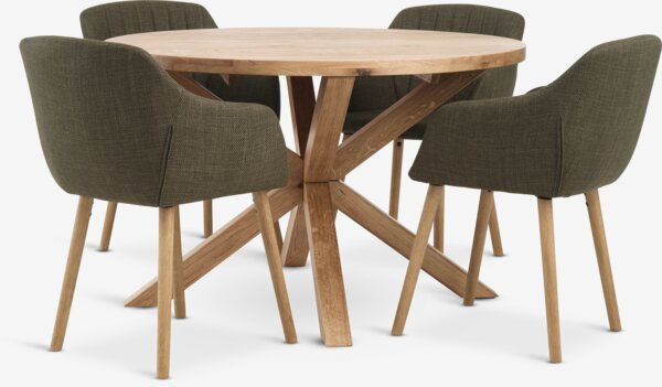 GRIBSKOV D120 table oak + 4 ADSLEV chairs olive
