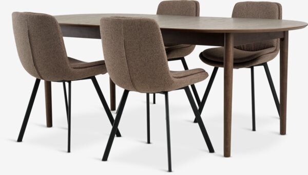 MARSTRAND L200/280 table chêne foncé + 4 MELBY brun clair
