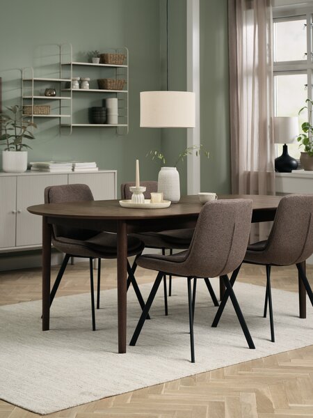 MARSTRAND L200/280 table chêne foncé + 4 MELBY brun clair