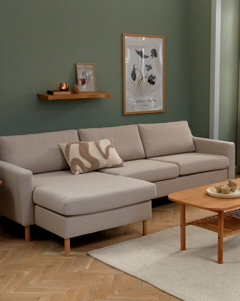 Καναπές HELLERUP σεζλόνγκ μπεζ ύφασμα/φυσική δρυς