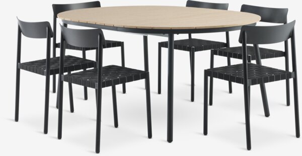 AKTIVEN L118/168 tafel naturel + 4 HAGLEBU stoelen zwart