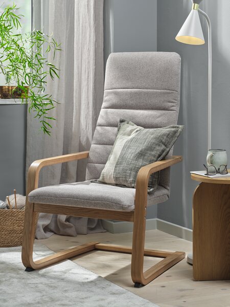 Armchair KNUDBY beige fabric/natural oak colour