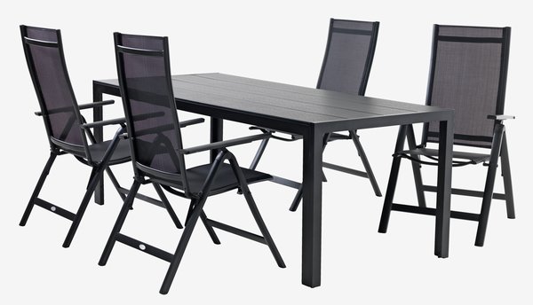 MADERUP L205 table noir + 4 LOMMA chaises inclinables noir