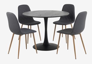 Table RINGSTED Ø100 noir + 4 chaises JONSTRUP asphalte/chêne