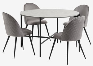 TERSLEV Ø120 tafel + 4 KOKKEDAL stoelen fluweel grijs