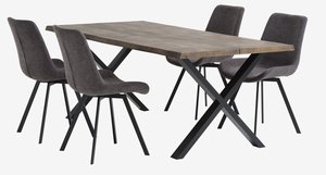 ROSKILDE L200 table chêne foncé + 4 HYGUM chaises gris