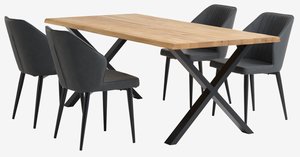 Table ROSLEV L200 chêne naturel + 4 chaises LUNDERSKOV noir