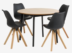 Table JEGIND Ø105 chêne + 4 chaises BLOKHUS noir