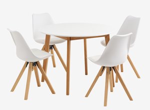 Table JEGIND Ø105 blanc + 4 chaises BLOKHUS blanc