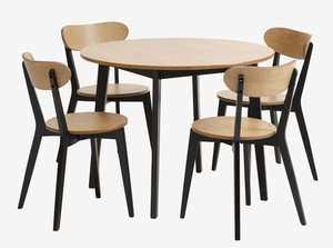 Table JEGIND Ø105 chêne/noir + 4 chaises JEGIND chêne/noir