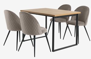 Mesa AABENRAA L120 roble + 4 sillas KOKKEDAL terciopelo gris