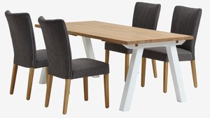 SKAGEN L200 table white/oak + 4 NORDRUP chairs grey