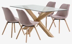 AGERBY L160 bord eik + 4 KASTRUP stol lyserød fløyel