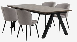 Mesa SANDBY L210 roble oscuro + 4 sillas RISSKOV gris claro