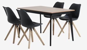 Table JEGIND L130 chêne/noir + 4 chaises BLOKHUS noir
