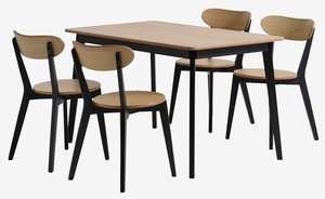 Table JEGIND L130 chêne/noir + 4 chaises JEGIND chêne/noir