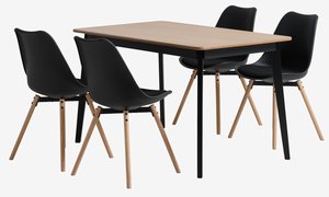 JEGIND L130 tafel eiken/zwart + 4 KASTRUP stoelen zwart