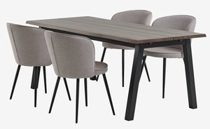 SKOVLUNDE L200 table dark oak + 4 RISSKOV light grey