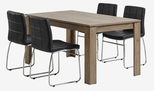 VEDDE L160 tafel wild eiken + 4 HAMMEL stoelen zwart