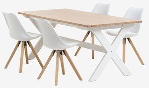 Table VISLINGE L190 naturel + 4 chaises BLOKHUS blanc