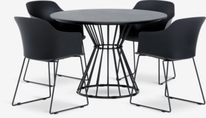 FAGERNES Ø110 table gris + 4 SANDVED chaises noir