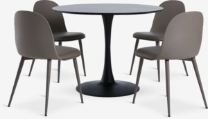 RINGSTED Ø100 tafel zwart + 4 ULDAL stoelen bruin