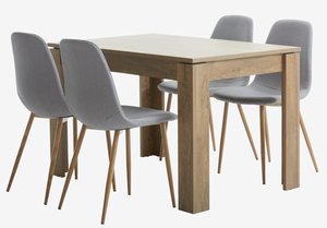 VEDDE L120 tafel wild eiken + 4 JONSTRUP stoelen grijs/eiken