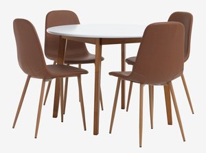 JEGIND Ø105 tafel wit + 4 JONSTRUP cognac/eiken